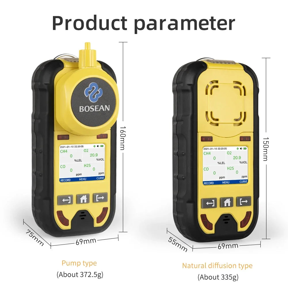 Détecteur de Gaz Portable 4 en 1 Bosean BH-4M – O2, CO, H2S, LEL avec Pompe d'Aspiration