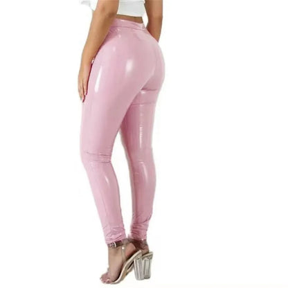 Pantalon vinyle femme taille haute, coupe slim brillante