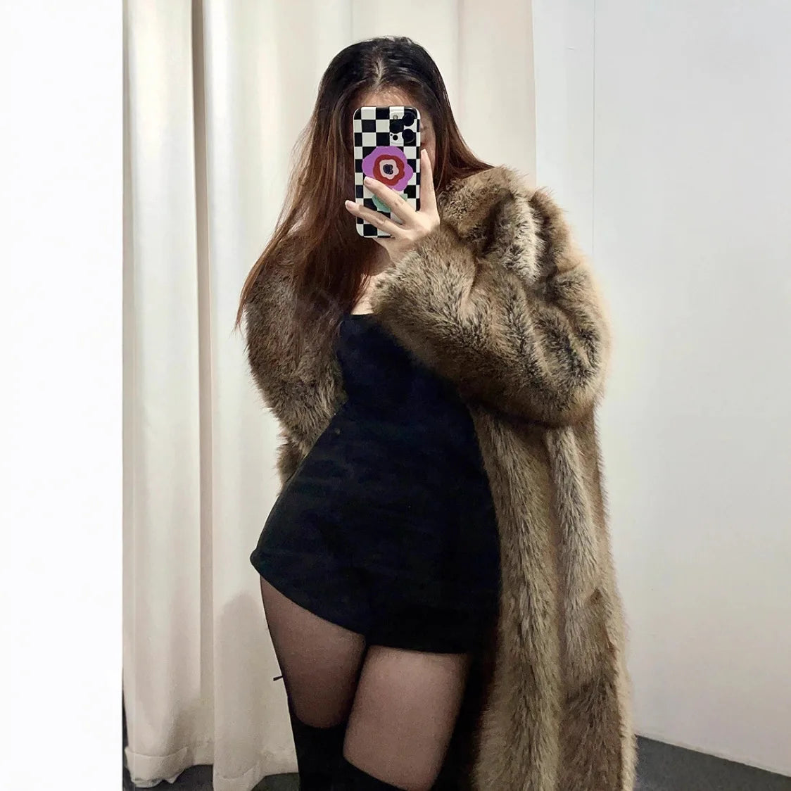Manteau long en fausse fourrure femme, style renard