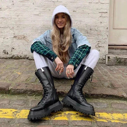 Bottes hautes femme noires en simili cuir à semelle épaisse