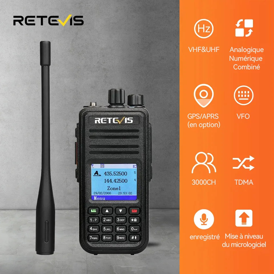 Talkie-Walkie DMR Retevis RT3S – Double Bande VHF/UHF, GPS Optionnel, Chiffrement AES256, Portée 5 km, 3000 Canaux, Radio Ham APRS