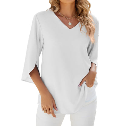 Chemisier Femme en Mousseline Col V - Manches Mi-Longues, Coupe Ample