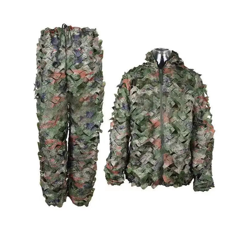 Combinaison Ghillie 3D Feuilles – Veste + Pantalon, Polyester Mesh, Chasse Airsoft Woodland