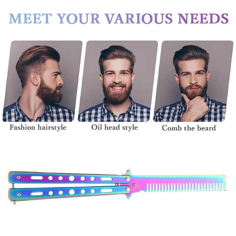 Peigne Couteau Papillon Acier Inox – Style Balisong, Coiffure & Barbe, 22 cm