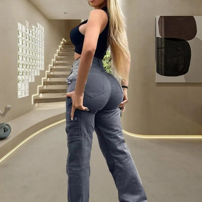 Pantalon cargo femme taille haute multi-poches