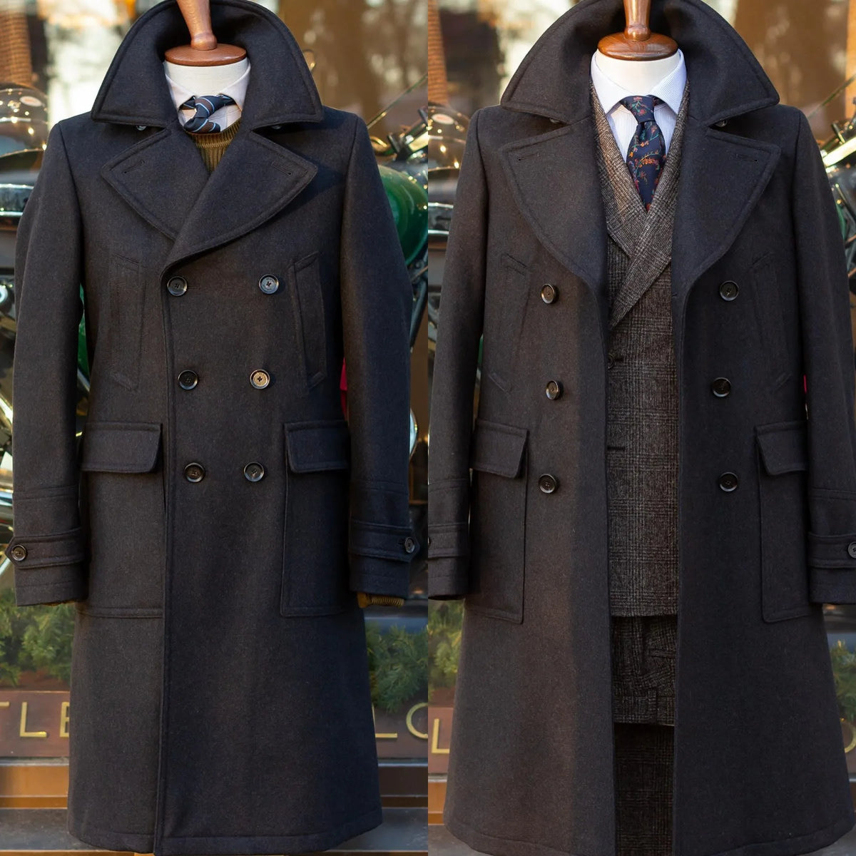Manteau long homme à double boutonnage en laine et coton
