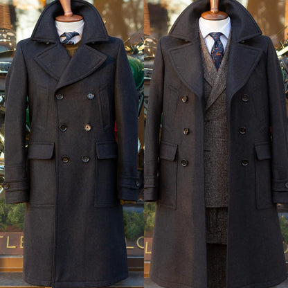 Manteau long homme à double boutonnage en laine et coton