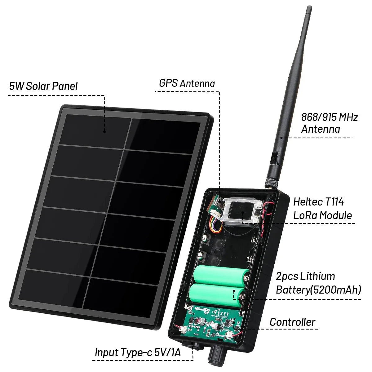 Nœud LoRa Solaire D5L – Meshtastic / Meshcore, IP66, 5W, Heltec T114, nRF52840, SX1262, GPS, 868 MHz