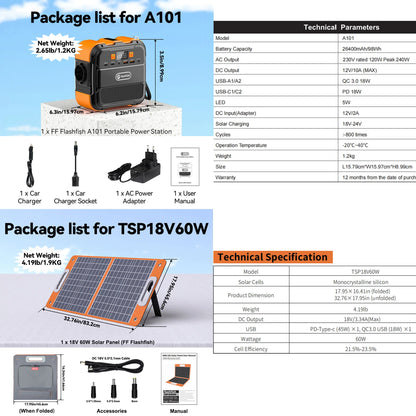 Station d'énergie solaire portable FF Flashfish A101 230V Mini 120W avec panneau solaire 60W et batterie 97,68Wh - BLACKBEARD OUTDOOR INDUSTRIES