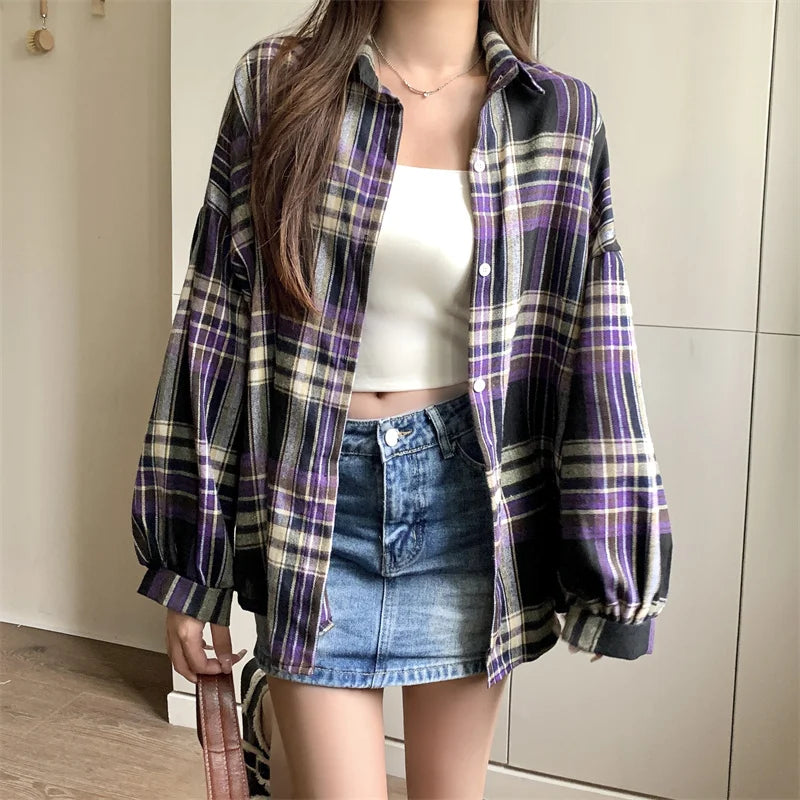 Chemise à Carreaux Femme Manches Longues – Coupe Loose Vintage Preppy Style