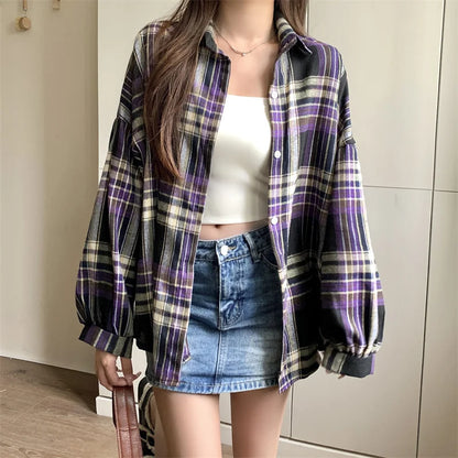 Chemise à Carreaux Femme Manches Longues – Coupe Loose Vintage Preppy Style