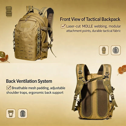 Sac à dos tactique 25L MOLLE multi-poches, noir ou kaki
