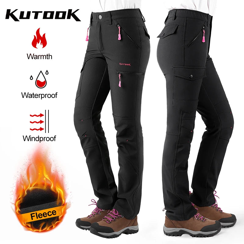 Pantalon de randonnée femme softshell doublé polaire, déperlant et coupe-vent