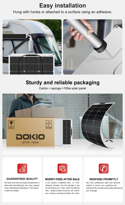 DOKIO Flexible Solar Panel 100W - Monocrystalline Silicon, 18V - Idéal pour Camping RV - BLACKBEARD OUTDOOR INDUSTRIES