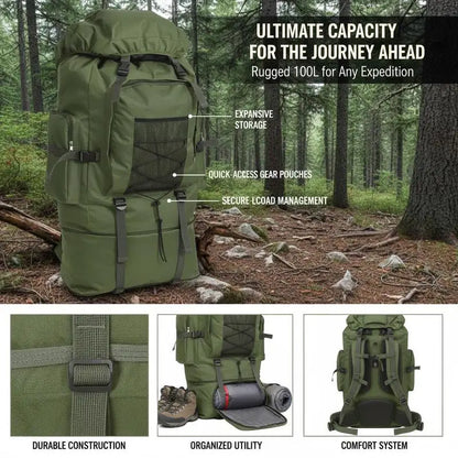 Sac à Dos Militaire Tactique 100L XXL 600D Polyester Imperméable – Extensible 78cm, Rembourré | Randonnée, Camping, Bushcraft | Expédié d'Allemagne