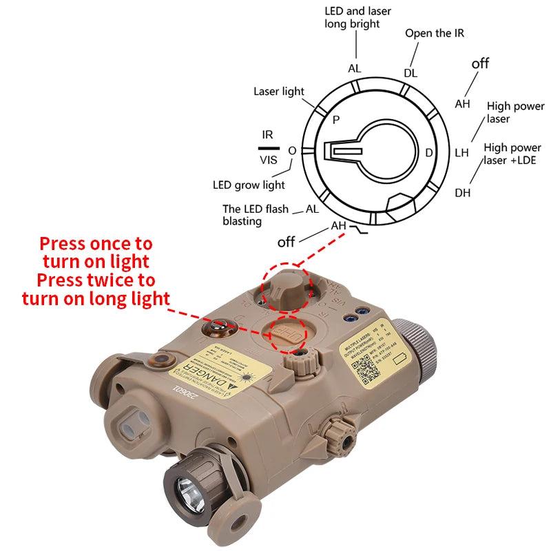 WADSN PEQ-15 UHP – Boîtier Laser IR / Rouge / Vert + LED 180 lm, Rail Picatinny 20mm, Airsoft & Chasse