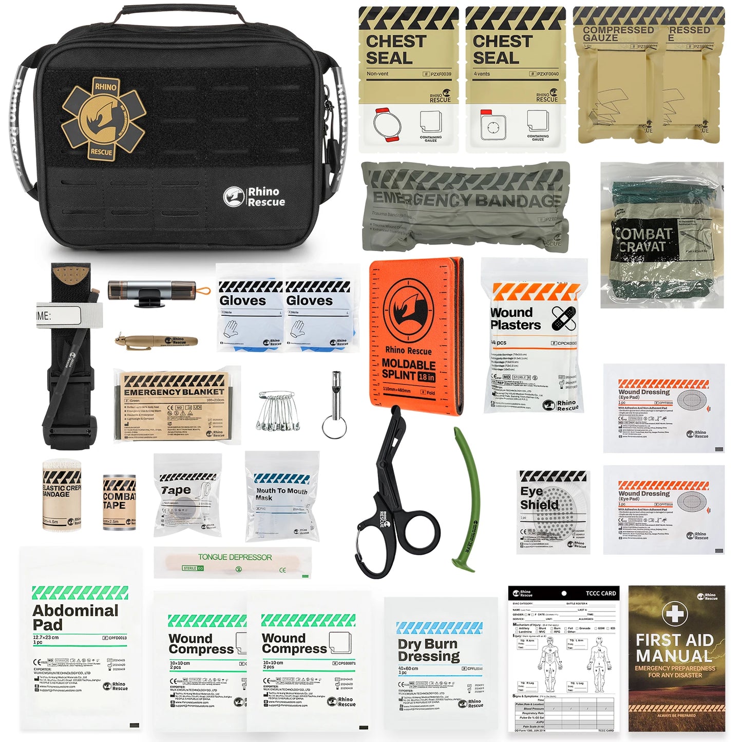 RHINO RESCUE Kit Trauma Véhicule – Garrot, Poche MOLLE & Premiers Secours Professionnels