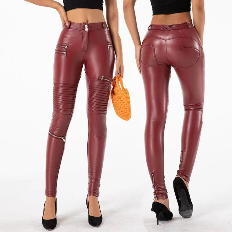 Legging Cuir Femme Taille Haute avec Poches – Style Biker Tactique, Slim Stretch