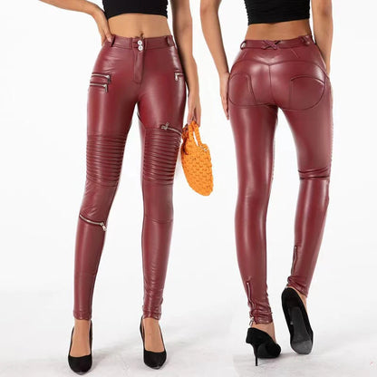 Legging Cuir Femme Taille Haute avec Poches – Style Biker Tactique, Slim Stretch