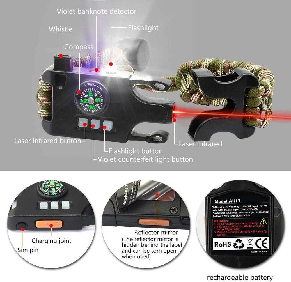 Bracelet de Survie Tactique 8-en-1 Paracorde 550 – SOS LED Laser UV Boussole