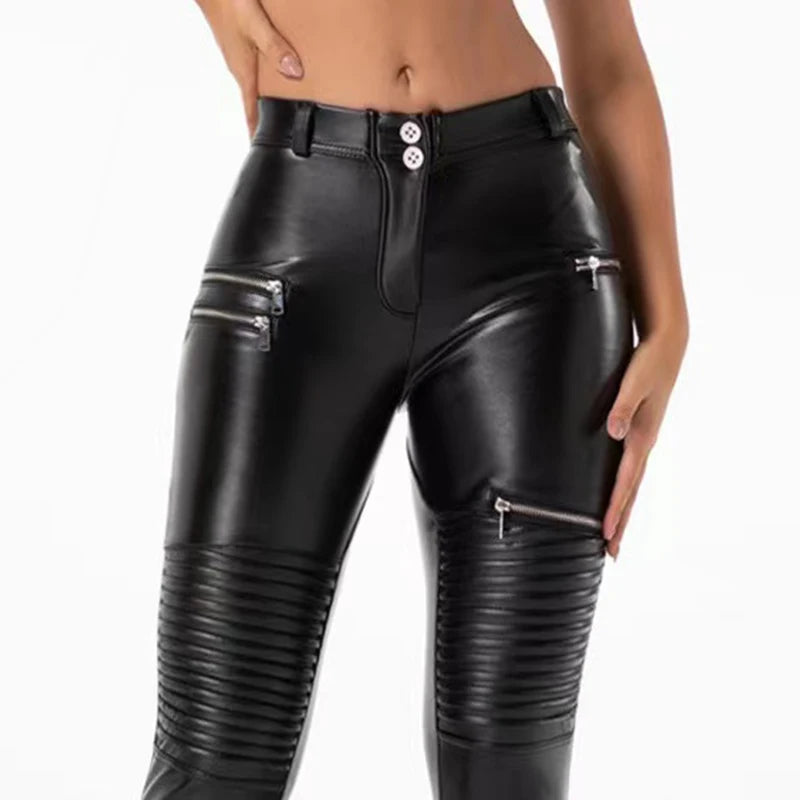 Legging Cuir Femme Taille Haute avec Poches – Style Biker Tactique, Slim Stretch