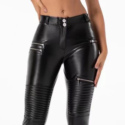 Legging Cuir Femme Taille Haute avec Poches – Style Biker Tactique, Slim Stretch