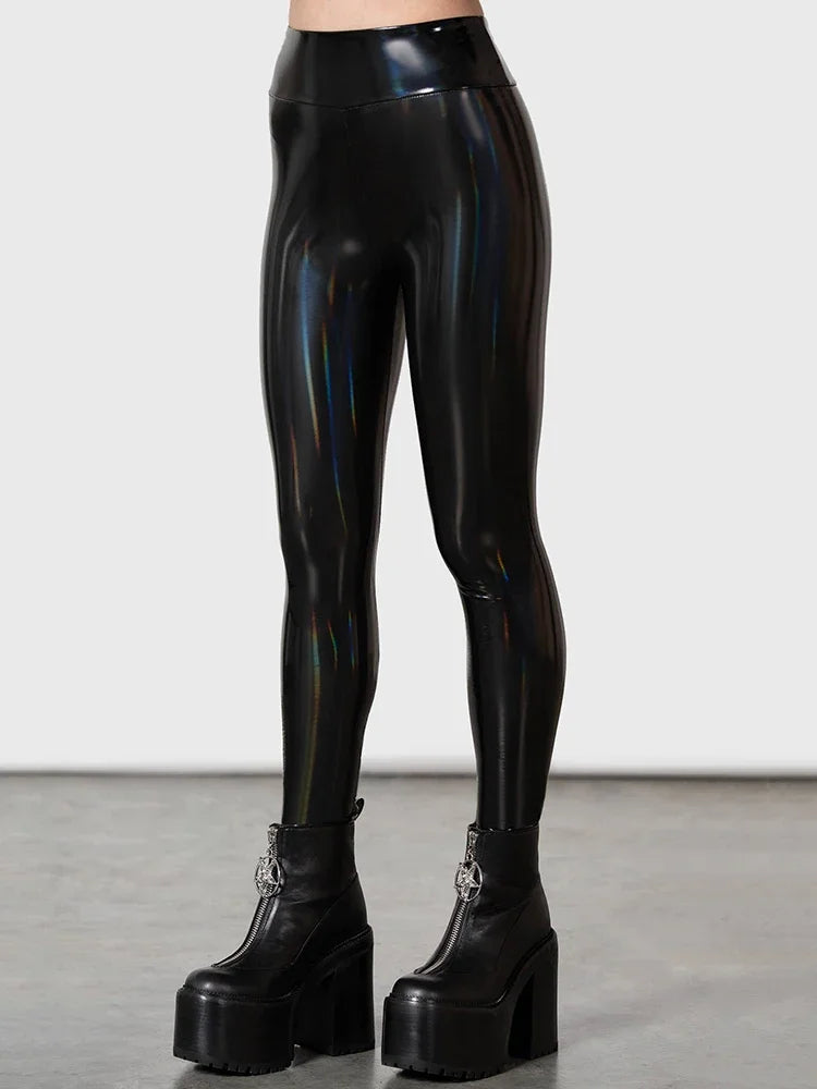 Legging effet cuir ultra brillant femme noir taille haute
