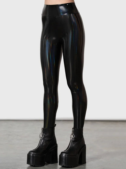 Legging effet cuir ultra brillant femme noir taille haute