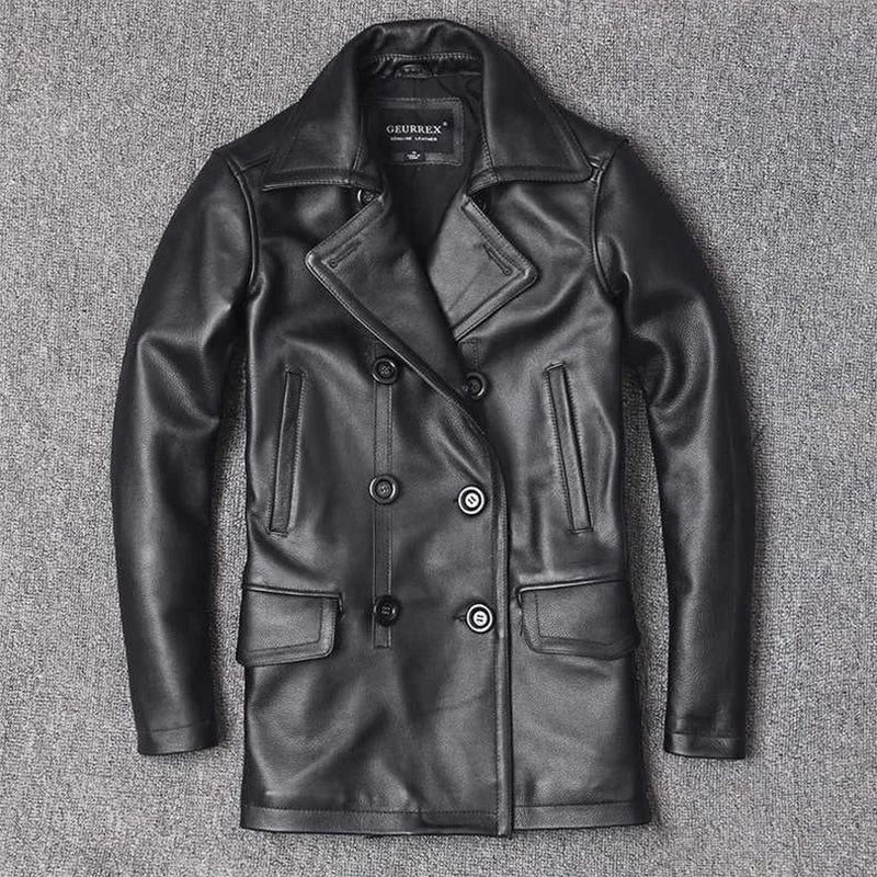 Veste homme en cuir véritable à double boutonnage