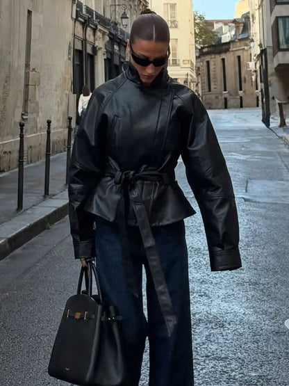 Veste en cuir femme courte avec ceinture, simili cuir
