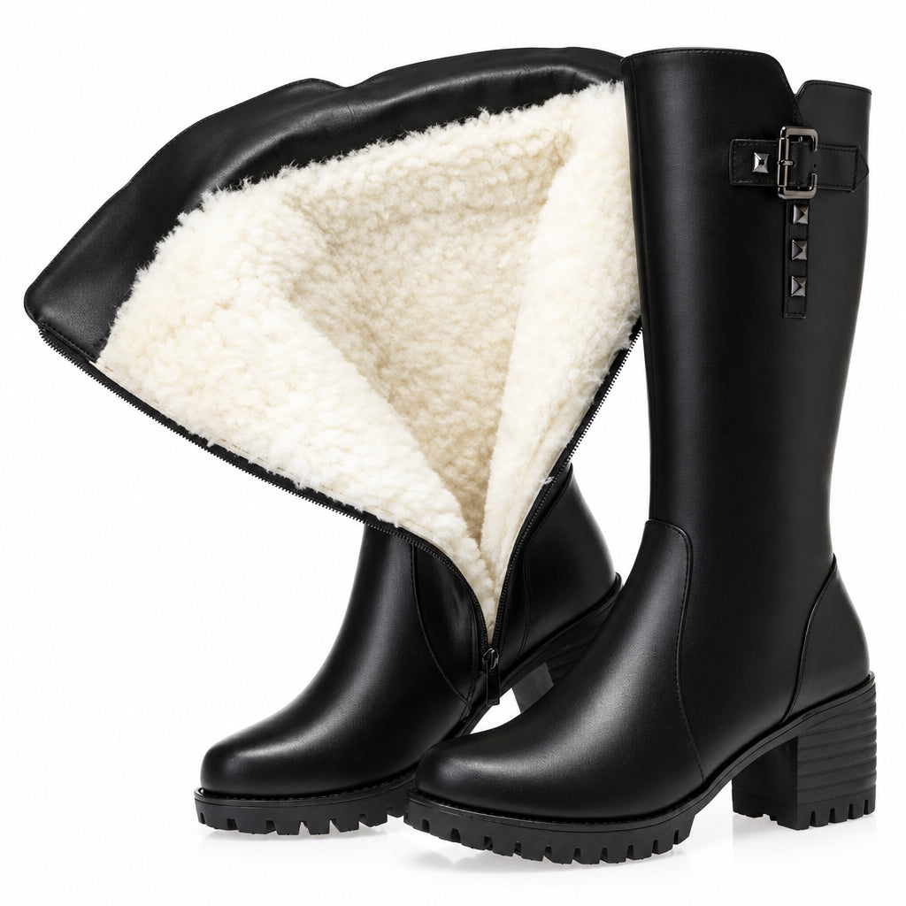 Bottes montantes femme en cuir véritable à talon carré