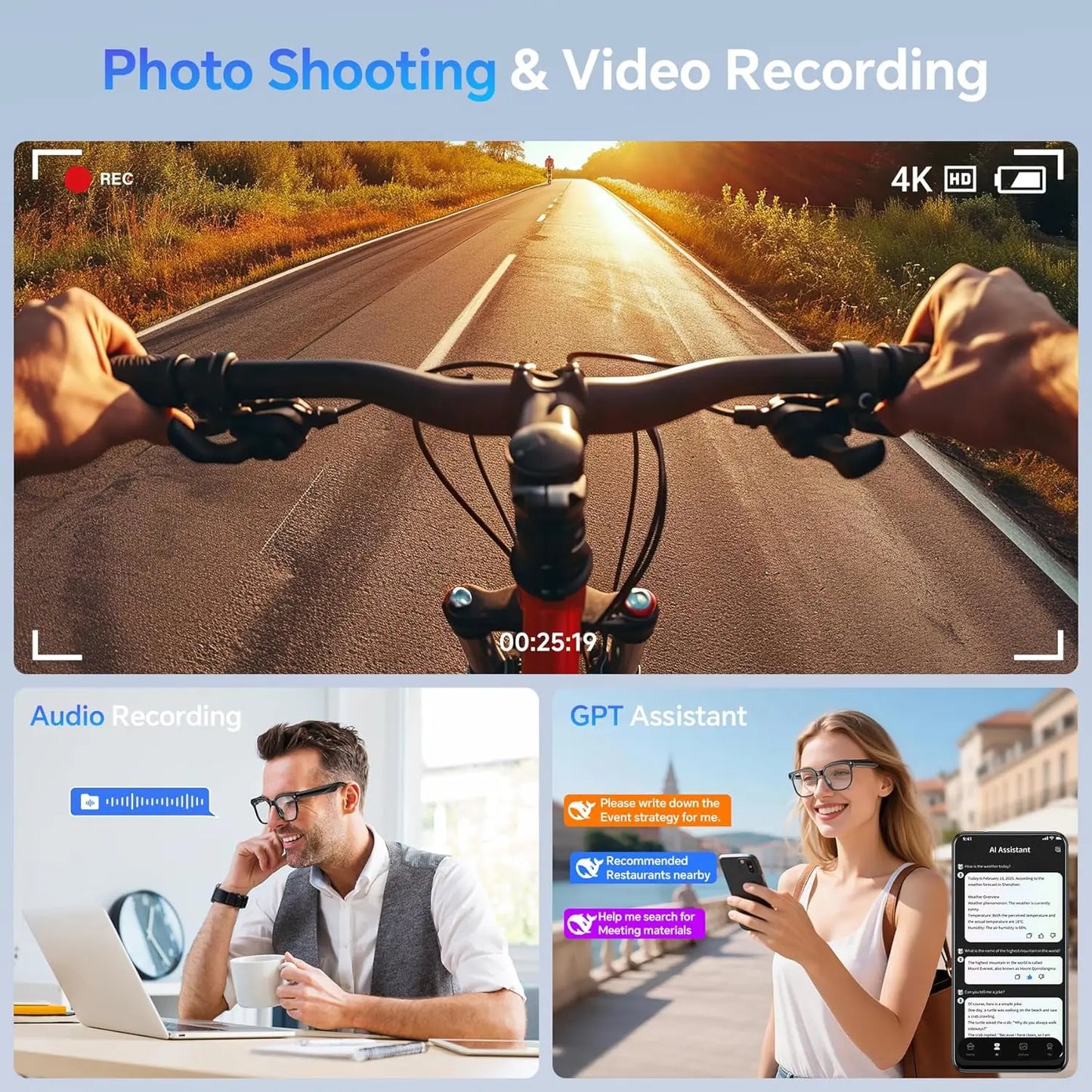 Lunettes Connectées AI 1080P – Caméra HD, Bluetooth 5.3, Traduction Temps Réel | Modèle M02S