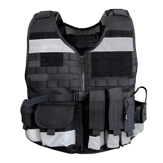 Gilet de Service Tactique Noir Bandes Reflechissantes MOLLE – Respirant Anti-Dechirure pour Agents de Securite, Patrouille et Surveillance (Gilet seul ou avec Noyau Anti-Coupure)