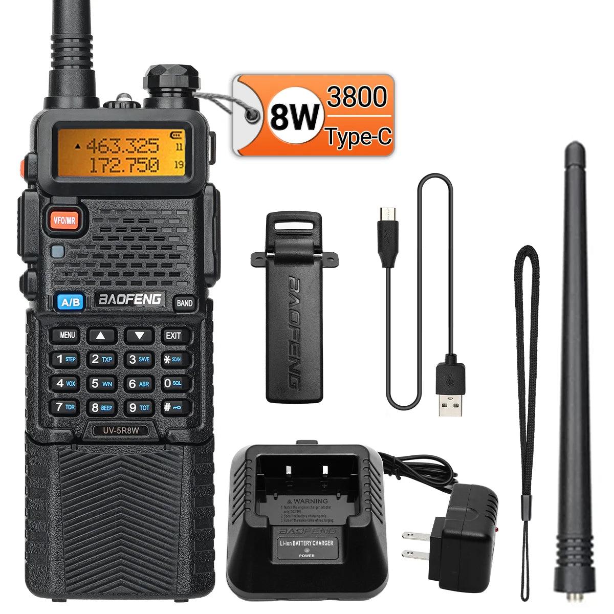 Baofeng UV-5R 8W – Talkie-Walkie Bi-Bande VHF/UHF, Batterie 3800mAh, Charge Type-C - BLACKBEARD OUTDOOR INDUSTRIES
