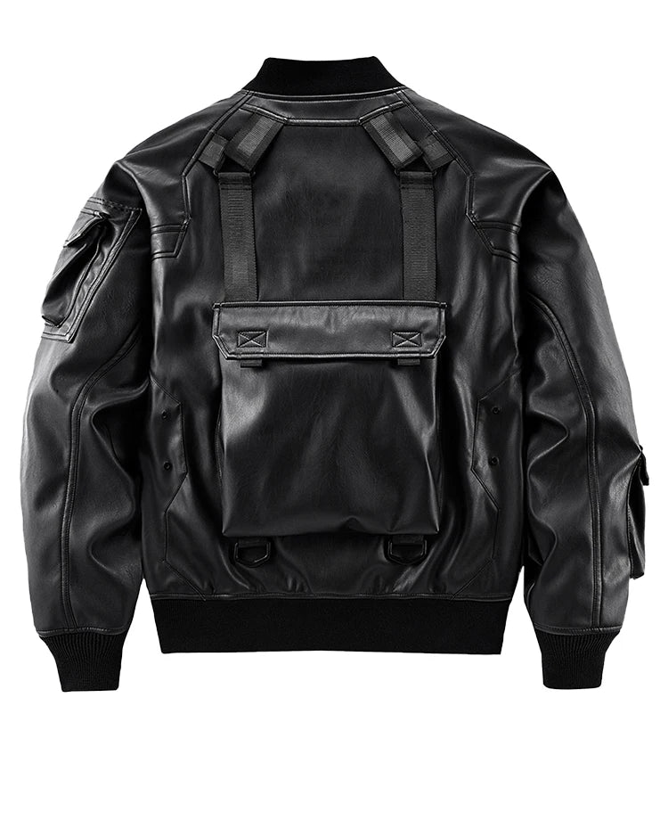 Blouson Bomber Techwear Homme en Similicuir - Oversize Multipoches