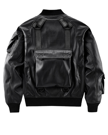 Blouson Bomber Techwear Homme en Similicuir - Oversize Multipoches