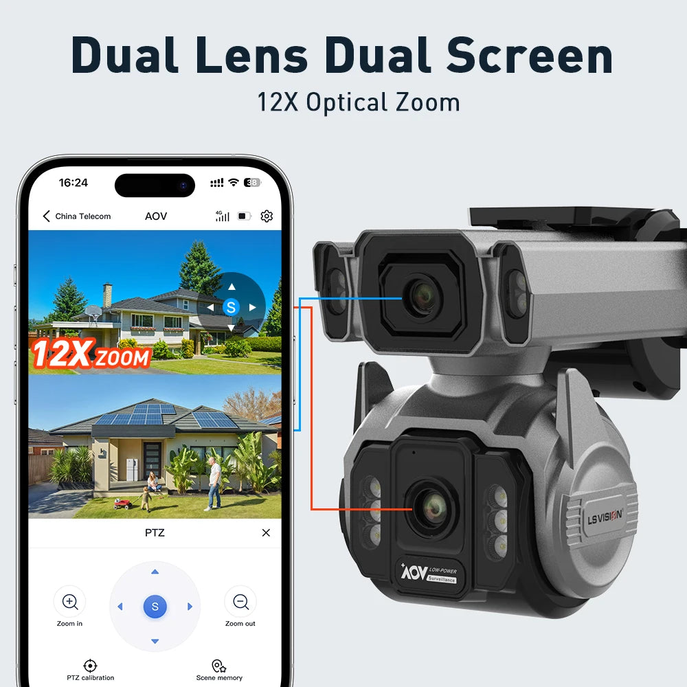 Caméra de surveillance solaire 4G double objectif 10 MP, zoom x12, suivi automatique