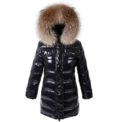 Doudoune brillante femme à capuche – duvet de canard, courte ou longue