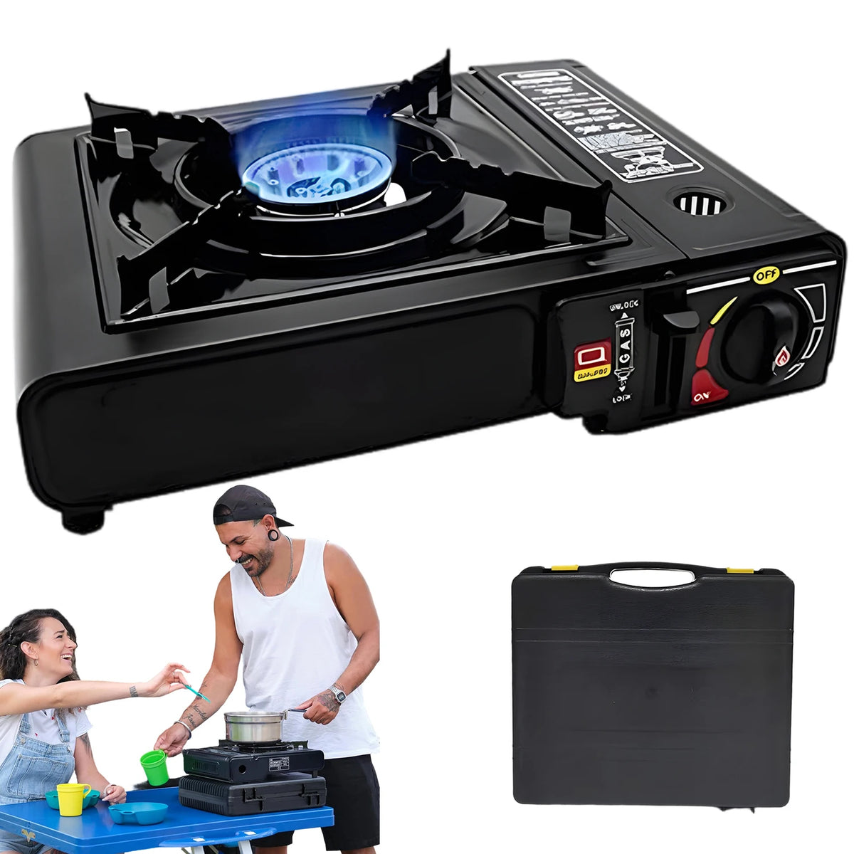 Réchaud à Gaz Portable – Allumage Piézoélectrique, Housse Incluse, Camping Randonnée Pique-Nique