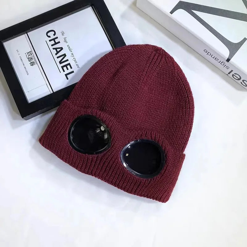 Bonnet avec lunettes unisexe, maille chaude pour l'hiver