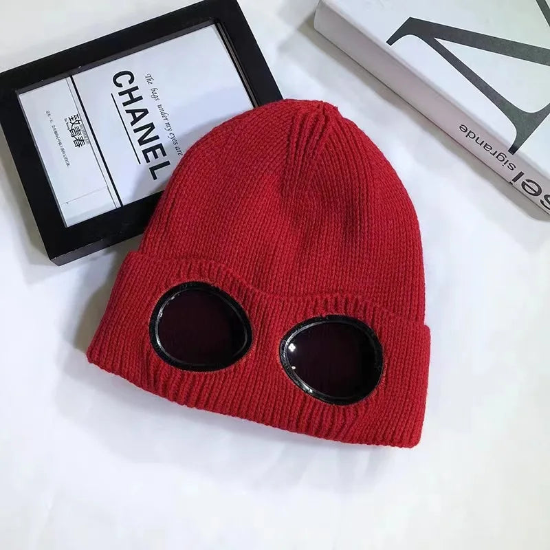 Bonnet avec lunettes unisexe, maille chaude pour l'hiver