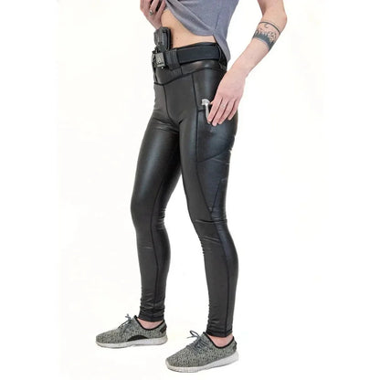 Legging Tactique Simili Cuir Femme Taille Haute – 2 Poches, Compatible Holster & Ceinturon