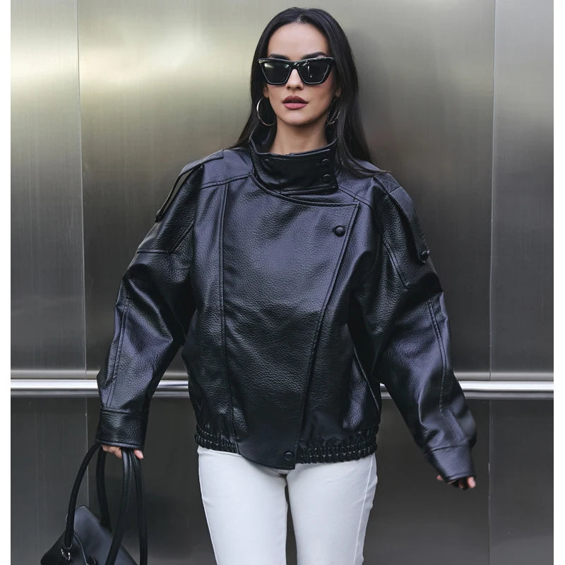 Perfecto Simili-Cuir Femme Oversize – Col Reversé, Fermeture Zip, Style Biker Streetwear Automne/Hiver - BLACKBEARD OUTDOOR INDUSTRIES