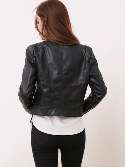 Veste Courte Simili Cuir Femme – Fermeture Zip, Style Biker, Printemps Automne