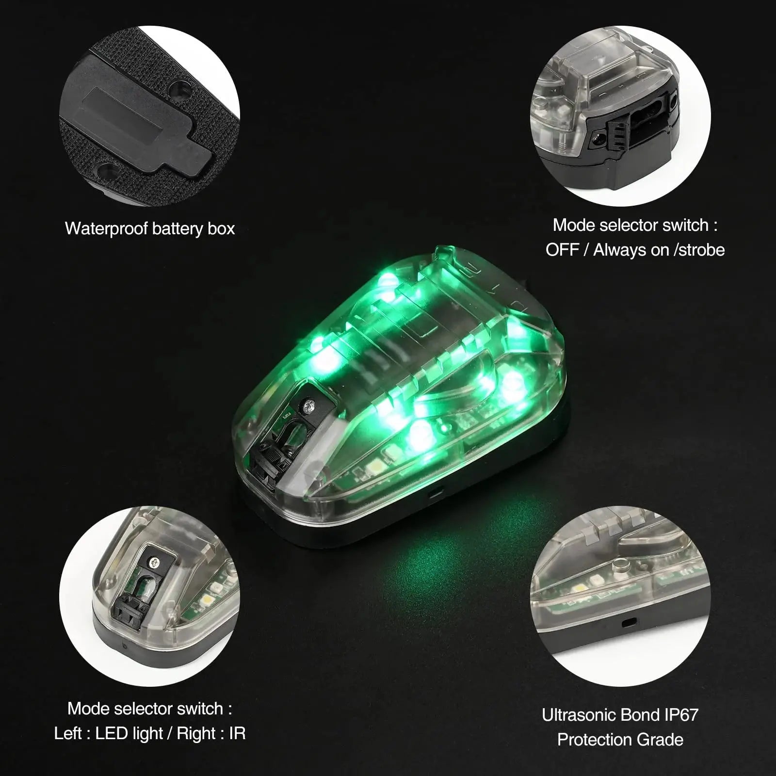 Lampe de Casque Sport – Lumière Stroboscopique Bleu, Vert, Rouge et IR Étanche pour Survie et Signalisation Outdoor Ma boutique