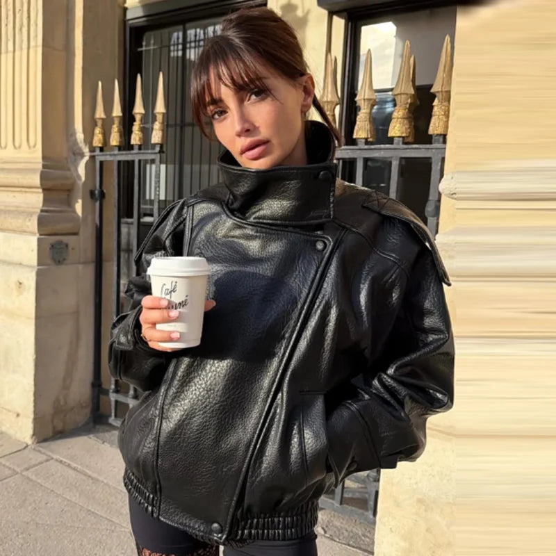 Veste Bomber Femme Similicuir – Coupe Courte Oversize, Col Montant, Fermeture Éclair | High Street Toutes Saisons | XS à L | 3 Coloris - BLACKBEARD OUTDOOR INDUSTRIES