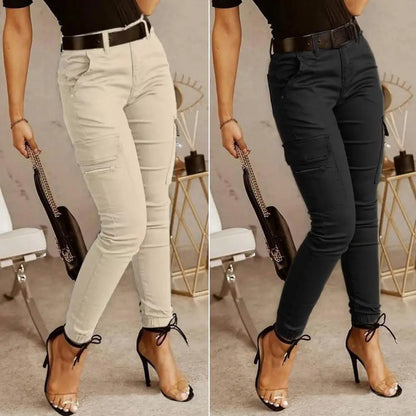 Pantalon Cargo Femme Multi-Poches Coton – Taille Mi-Haute, Coupe Slim, 5 Coloris