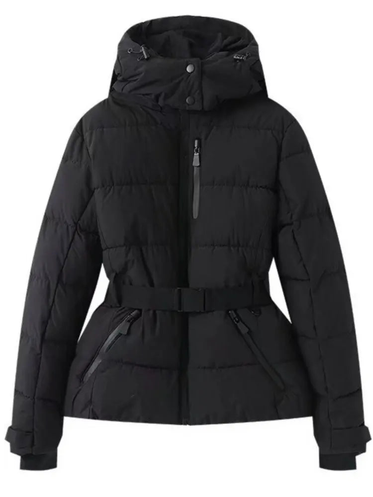 Doudoune longue femme à capuche et ceinture