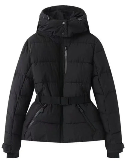 Doudoune longue femme à capuche et ceinture
