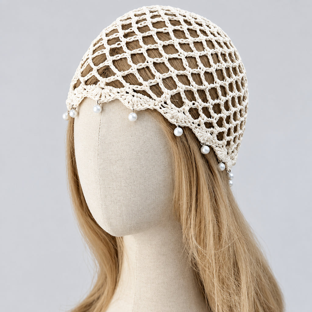 Bonnet filet au crochet femme avec perles décoratives